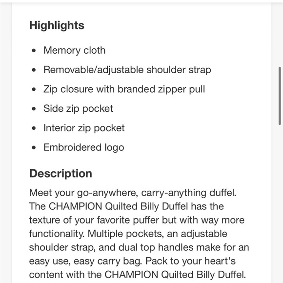 CHAMPION NWT Billie quilted duffel -dark medium ruby - Picture 4 of 5